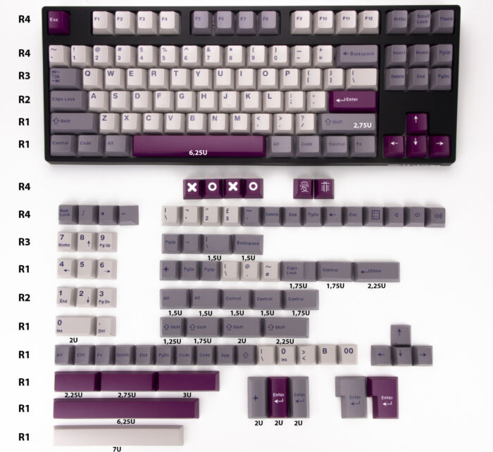TKL Custom Mechanická Klávesnice v barvě Lavender - černý plastový case, rozložení kláves